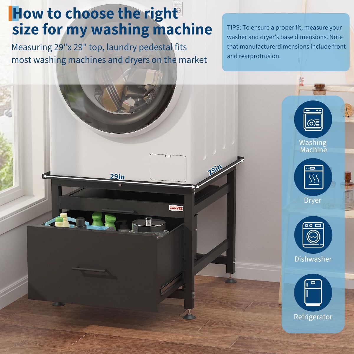 Heavy Duty Metal Washer and Dryer Pedestal Stand - Pullout Shelf & Storage Drawer, Global Anti-Vibration Riser, Adjustable Feet, 850 lbs - thumbnail 8