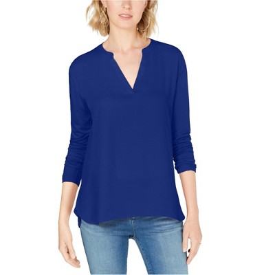 I.N.C International Concepts Womens Split Neck Pullover Blouse, Blue, Large