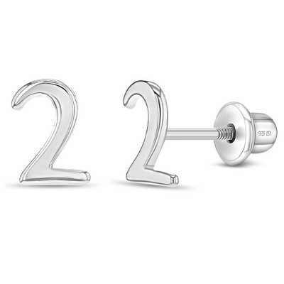 Girls' Polished Number Initial Screw Back Sterling Silver Earrings - In Season Jewelry