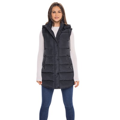 Women's Long Puffer Vest with Hood - S.E.B. By SEBBY Black Small