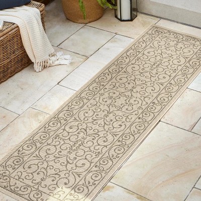 Charleston Vintage Filigree Beige & Brown 2'x8' Indoor/Outdoor Runner Rug
