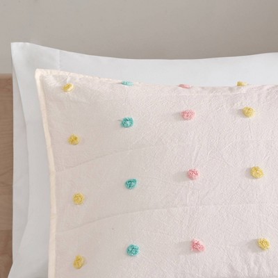 Callie Pom Pom Cotton Jacquard Full/Queen Quilt Set in Cream/Aqua/Teal