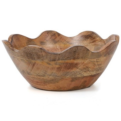Mela Artisans Wooden Scalloped Bowl - Medium | Ruffle Decorative Style | Rustic Kitchen Decor | Mango Wood | Natural Grain Finish | Fits Bread,