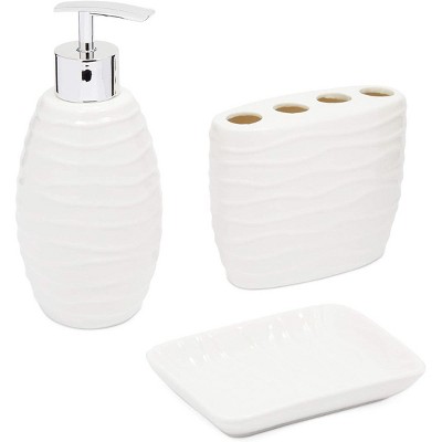 Juvale 3 Piece White Ceramic Bathroom Accessories Set with Soap Dispenser, Toothbrush Holder & Dish