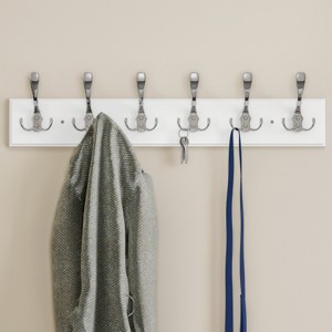 Wall Hook Rail-Mounted Hanging Rack with 6 Hooks-Entryway, Hallway, or Bedroom-Storage Organization for Coats, Towels, Bags by Hastings Home (White) - 1 of 4