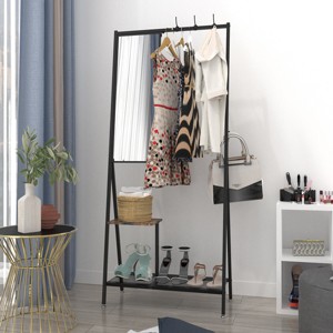KWPZQEB Coat Rack with Mirror & Storage Shelf, Freestanding Hall Tree with Hooks for Entryway, Bedroom, Office, Metal Clothes Hanger Stand - Black - 1 of 4