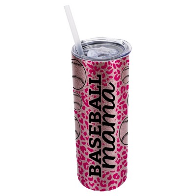 Elanze Designs Leopard Print Bubblegum Pink 20 Ounce Double Wall Stainless Steel Glitter Travel Tumbler With Sliding Lid, Baseball Mama