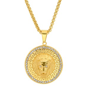 Steeltime Men's stainless steel and simulated diamonds round lion head pendant with greek key accents. Color Options: Silver, Gold - 1 of 4