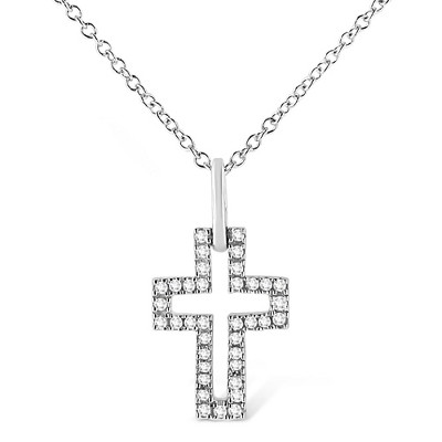 Haus of Brilliance Silver 1/10 cttw Pave-Set Round-Cut Diamond Open Cross Pendant Necklace