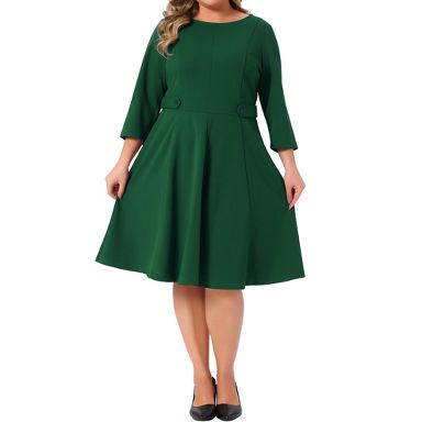 Women's Plus Size Crew Neck 3/4 Sleeve High Waist Button Decor Office Casual A Line Midi Dress with Zipper