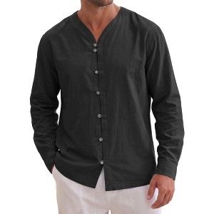 INSPIRE CHIC Men's Cotton Linen Long Sleeve Button Down Breathable Casual Shirts Small Black