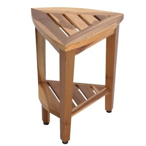 EcoDecors® SnazzyCorner® 18"H Teak Wood Curved Corner Shower Bench with Shelf in EarthyTeak Finish - 1 of 4