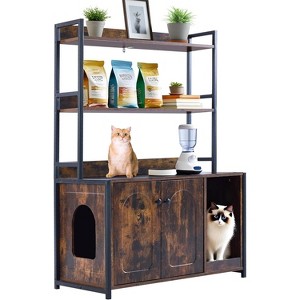 Cat Litter Box Enclosure Furniture with Shelves - 52" Hidden Litter Box Cabinet, Wood Enclosed Cat House with Scratch Mat, Dog Proof Design - 1 of 4