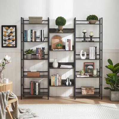 Jojoka Triple Column 5-Tier Bookshelf, Freestanding Industrial Storage Shelf with Adjustable Shelves for Bedroom, Living Room, or Home Office