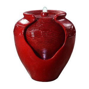 Glazed Pot Polyresin Outdoor Floor Fountain with LED Lights - Red - Teamson Home: Weather-Resistant, Electric Water Feature with Pump - 1 of 4