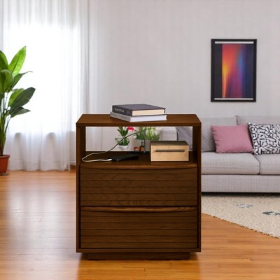 Mid Century Modern Nightstand with Charging Station, 2 Solid Wood Drawers & Open Shelf, Louver Design End Table with Outlet Hole