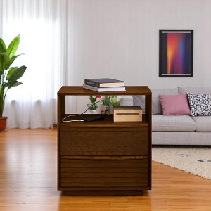 Mid Century Modern Nightstand with Charging Station, 2 Solid Wood Drawers & Open Shelf, Louver Design End Table with Outlet Hole - 1 of 4