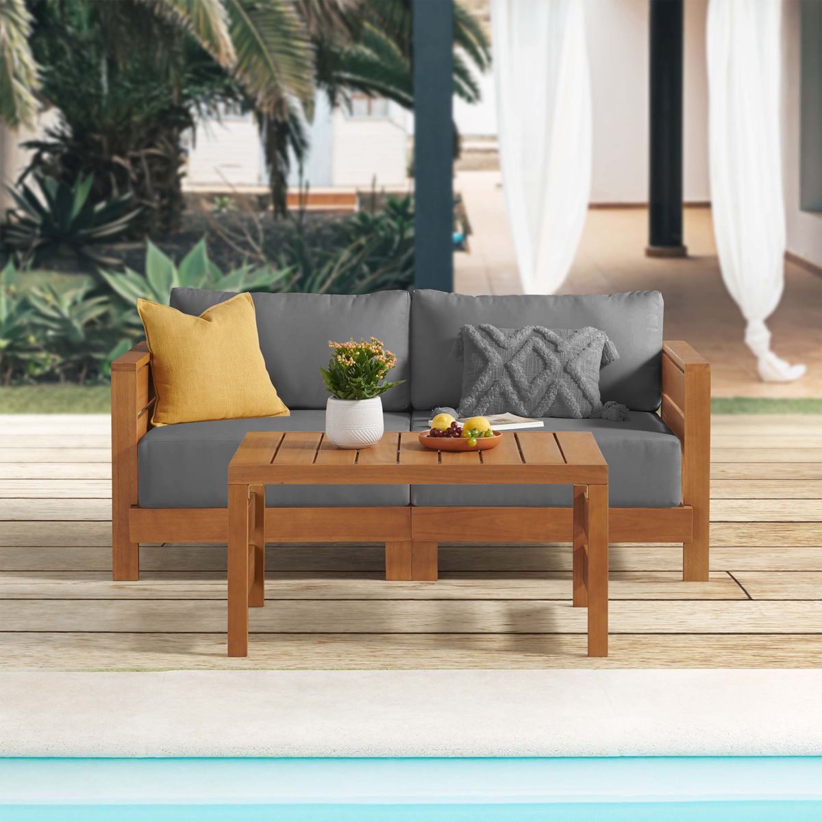Alaterre Furniture Barton Patio Loveseat with Outdoor Coffee Table - Weather-Resistant Eucalyptus Wood Patio Furniture Set (Natural) - thumbnail 2