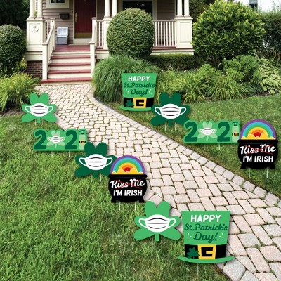 Big Dot of Happiness Quarantine St. Patrick's Day - Shamrock Pot of Gold Hat Lawn Decor - Outdoor 2021 Saint Patty's Party Yard Decorations - 10 Piece