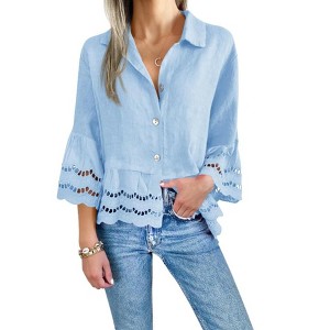 Women's Ruffle Hem Flutter Sleeve Blouse Casual Lapel Collar Button Down Shirt - 1 of 1