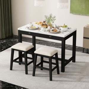 3-Piece Modern Faux Marble Versatile Bar Table Set with Storage Drawers and Padded Stools, Ideal for Space-Saving Dining Nooks or Small Kitchens - 1 of 4