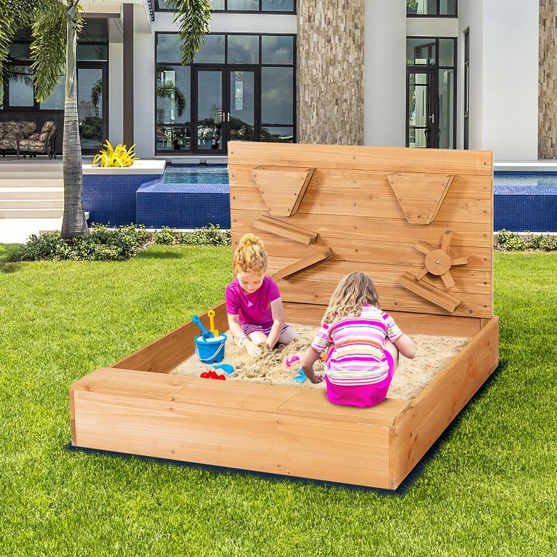 Costway Wooden Sandbox w/ Sand Wall & Cover & Bottom Liner for Kids Outdoor, 4 of 11