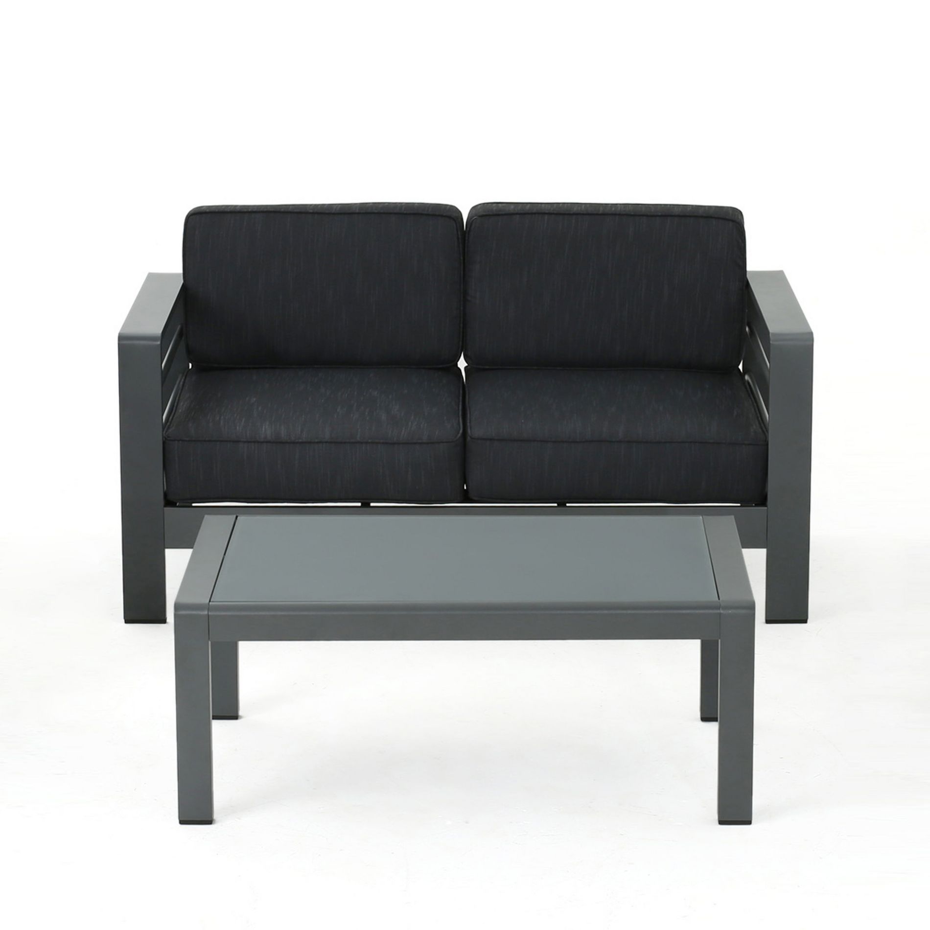 GDFStudio Liam Outdoor Aluminum Loveseat and Coffee Table Set with Cushions, Gray/Dark Gray