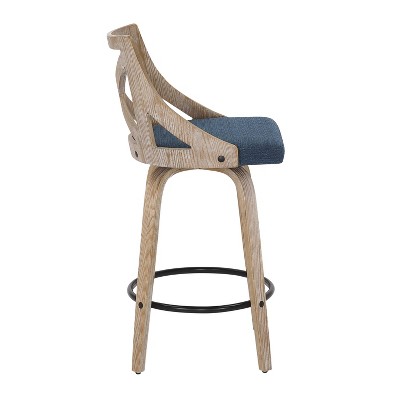 Set of 2 Blue Swivel Counter Height Stools with Wood Frame