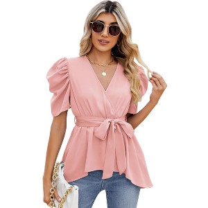 Puff Short Sleeve Ruffle Shirt for Women Deep V Neck Peplum Tops Waist Tie Chiffon Blouses Dressy Casual Waist Wrap Tops - 1 of 4