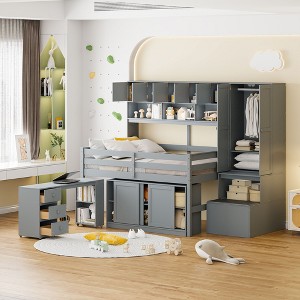 Twin/Full Size Wooden Loft Bed with Under-Bed Desk, Drawers and Shelves 4W - ModernLuxe - 1 of 4