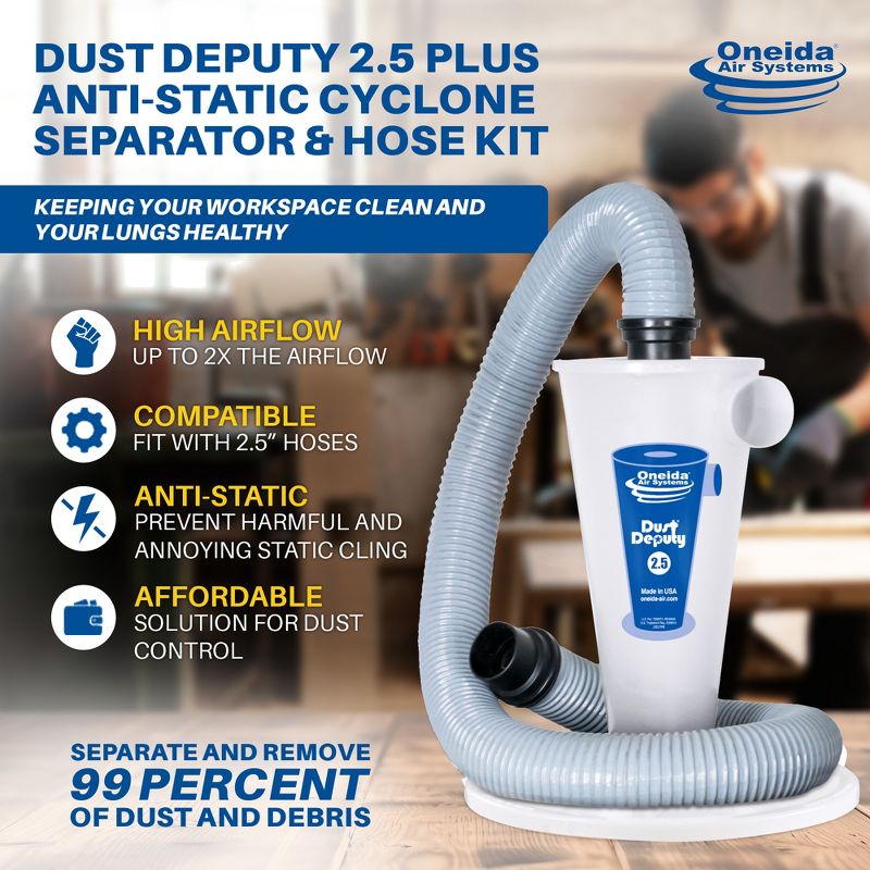Oneida Air Systems Dust Deputy 2.5 Plus Anti-Static Cyclone Separator Kit & Quick-Release Lid for Wet/Dry Shop Vacuums, 3 of 8