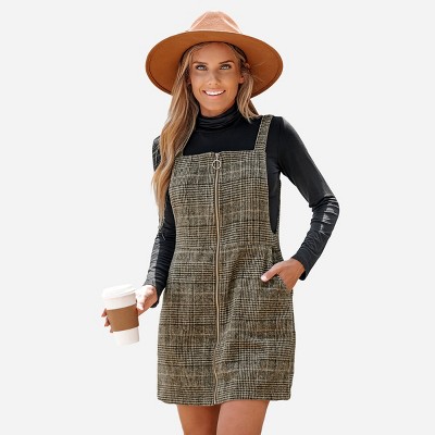 Allegra K Women's Plaid Tartan Button Decor A-Line Pinafore Overall Dress