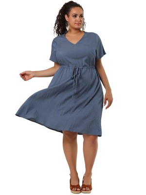 Agnes Orinda Women's Plus Size Tie Waist Short Sleeve Solid Chambray Casual Shirt Dresses