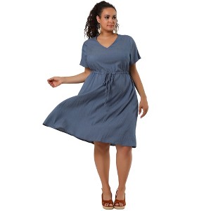 Agnes Orinda Women's Plus Size Tie Waist Short Sleeve Solid Chambray Casual Shirt Dresses - 1 of 4