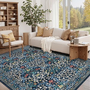 Vintage Floral Area Rug Washable Rugs Stain Resistant Easy Cleaning Indoor Carpet With Non-Slip Backing Low Pile Rug - 1 of 4