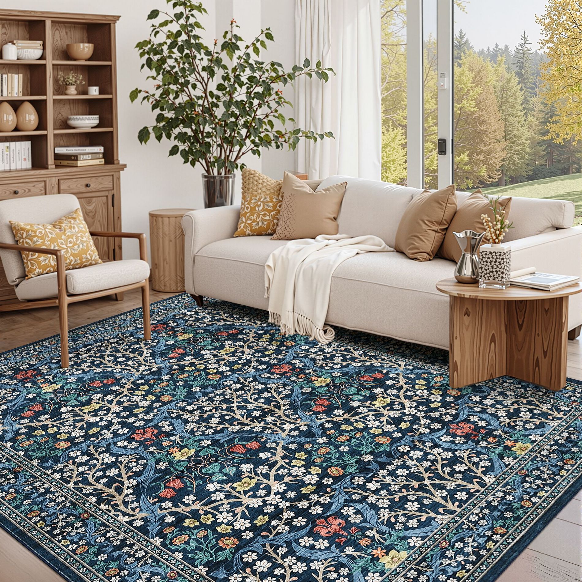 5x7 Machine Washable Area Rug with Non-Slip Backing Vintage Floral Area Rug For Living Room Stain Resistant Easy Cleaning Throw Carpet