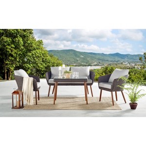 4pc All-Weather Wicker Athens Outdoor Conversation Set with 26" Coffee Table - Brown - Alaterre Furniture - 1 of 4