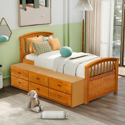 Twin Size Solid Pine Wood Platform Bed with 6 Storage Drawers, Modern and Vintage Compatible Design Bed for Bedroom-Baofuwish
