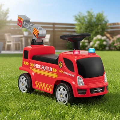 Gymax Kids Ride On Fire Truck Ride On Push Car w/ Ladder Bubble Maker Headlights Siren Sounds & Music Foot-to-Floor Sliding Car Red