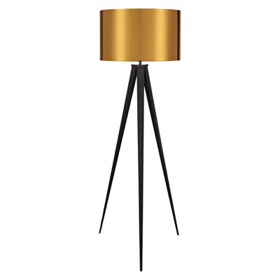 Elegant Black Tripod Outdoor Floor Lamp with Gold Drum Shade