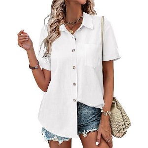 Zeagoo Shirt Womens Button Down Linen Cotton Dress Shirts Short Sleeve Tops  Business Basic Blouses-White-M : Target