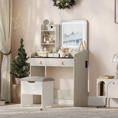 Makeup Vanity Desk with Mirror, Lights & Charging Station, Modern Vanity Set with Stool, Drawers, Cabinet & Ottoman for Bedroom