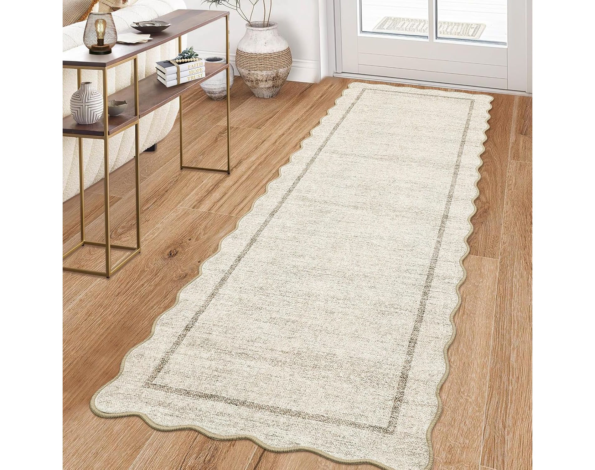 Washable Scalloped Rug Bedroom Rugs Solid Rugs with Non-Slip Backing, Stain-Resistant Low Pile Floor Mats