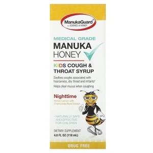 ManukaGuard Manuka Honey, Kids Cough & Throat Syrup, Nighttime, Honey Lemon, 4 fl oz (118 ml) - 1 of 4