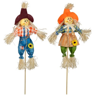 18" Boy and Girl Fall Harvest Scarecrow Picks in Orange and Blue