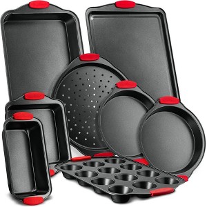 NutriChef 8-Piece Nonstick Carbon Steel Bakeware Set with Red Silicone Handles - 1 of 4