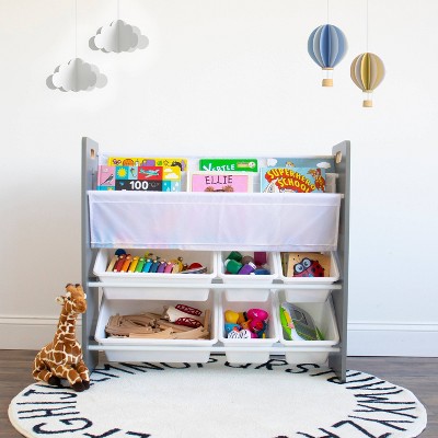 Gray and White 4-Tier Kids' Storage Organizer with Bookrack