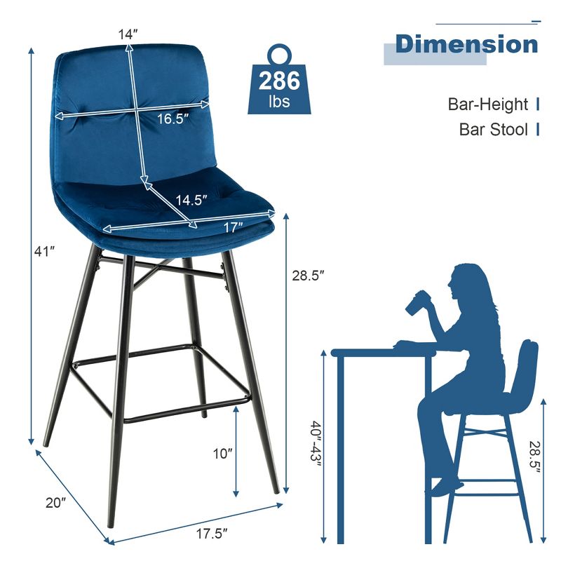 Costway Set of 2 Velvet Bar Stools Bar Height Kitchen Dining Chairs with Metal Legs Blue/Grey, 3 of 10