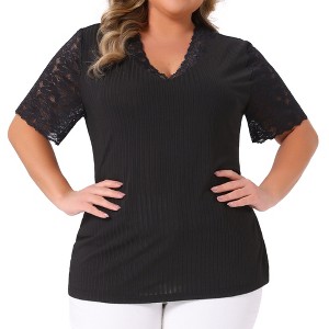 Women's Plus Size Summer V Neck Short Sleeve Elegant Lace Ribbed Knit Tunic Blouse - Agnes Orinda - 1 of 4