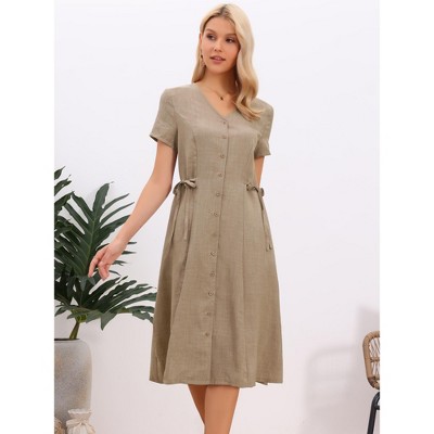 Женские платья INSPIRE CHIC Women's Summer Button Down V Neck Short Sleeve Drawstring Waist Work Midi Dress X-Large Khaki — фото 4